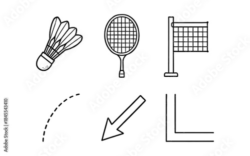 Simple line art icons representing badminton equipment and court elements