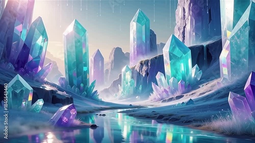 Giant Teal and Purple Crystals in a Misty River Valley Fantasy Landscape.