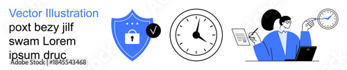 Cybersecurity, productivity, remote work, time tracking, data protection, work-from-home. Blue shield with a lock, clock and professional at a desk. Cybersecurity and productivity concept