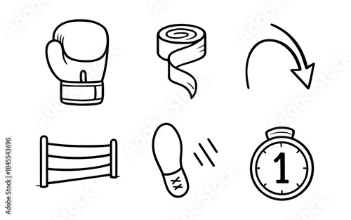 Boxing and combat sports icons: glove, tape, ring, stopwatch, and footstep