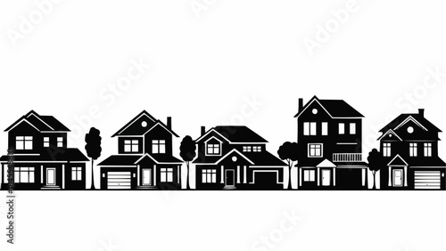 Row of Diverse Suburban Houses Silhouetted Against White Background.