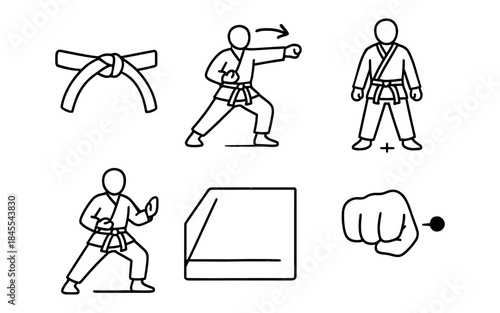 Karate martial arts icons depicting belt, stances, and punches in a clean line art style