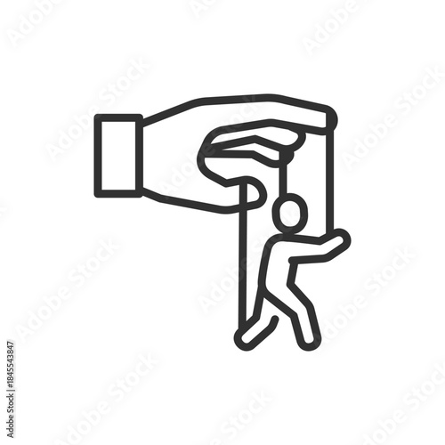 Hand controlling person, linear icon. Behavioral influence and manipulation. Line with editable stroke.