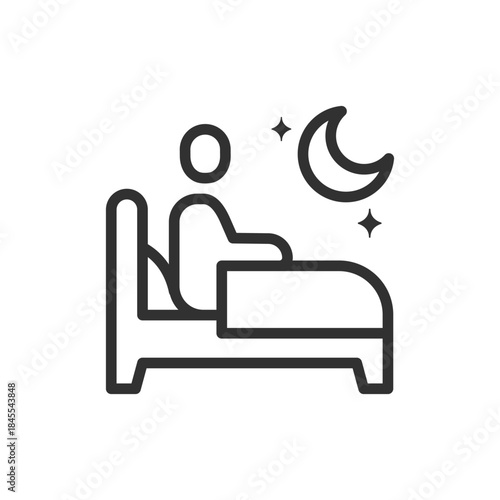 Person sitting in bed at night, linear icon. Insomnia and sleep disorder. Line with editable stroke.
