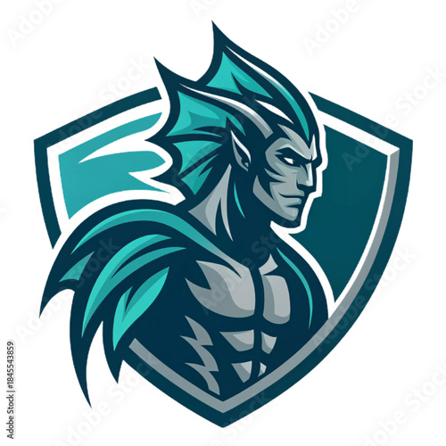 Flat Vector Logo of Abyssal Merman, Dark Teal and Grey Esport Crest