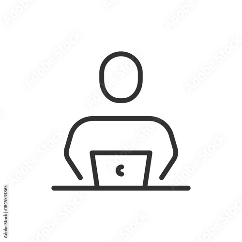 Person with laptop, linear icon. Remote work and online communication. Line with editable stroke.