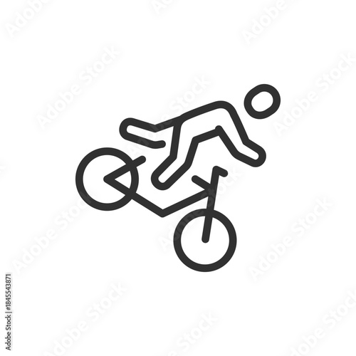 Person falling from bicycle, linear icon. Accident and injury risk. Line with editable stroke.