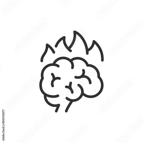 Brain with flame, linear icon. Stress and mental burnout. Line with editable stroke.
