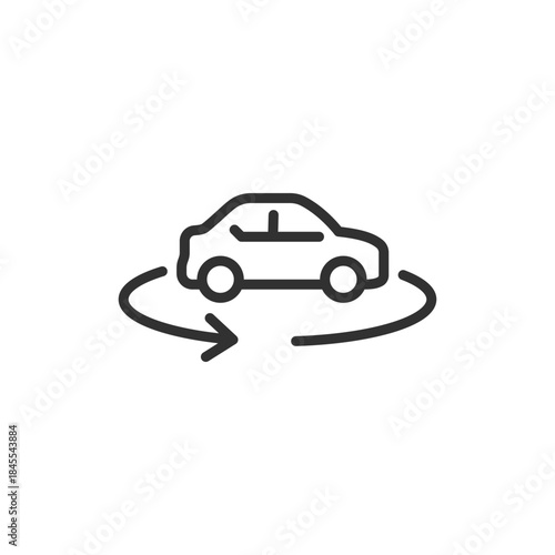 Car with rotation arrow, linear icon. Vehicle 360 view inspection. Line with editable stroke.