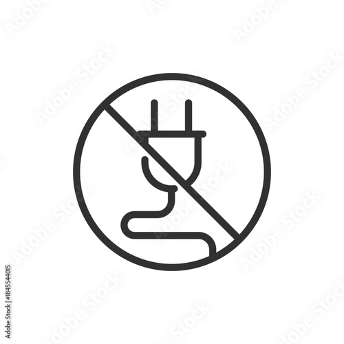 Plug crossed out, linear icon. No connection and wireless restriction. Line with editable stroke.