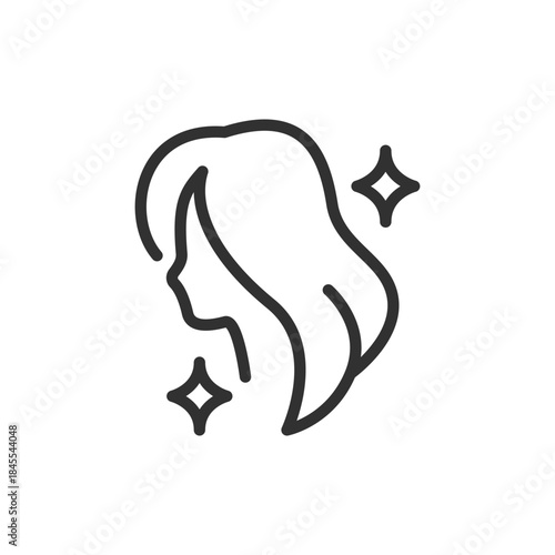 Woman hair with sparkle, linear icon. Haircare beauty and shine effect. Line with editable stroke.