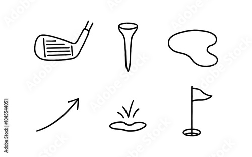 Simple hand-drawn golf icons including club, tee, water hazard, and flag