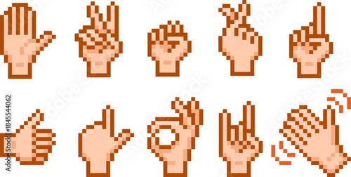 Set of pixelated hand gesture emoji, emoticons for messages, 8 bit.
