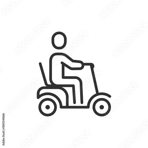 Person on mobility scooter, linear icon. Assisted movement for limited mobility. Line with editable stroke.