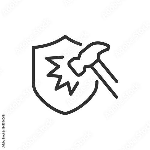 Durability, shield with hammer impact, linear icon. Shock resistance and protection. Line with editable stroke.