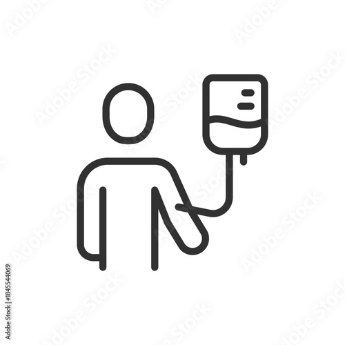 Person with IV drip, linear icon. Intravenous therapy and medication delivery. Line with editable stroke.