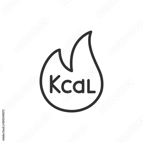Flame with kcal label, linear icon. Calorie burning and energy consumption. Line with editable stroke.