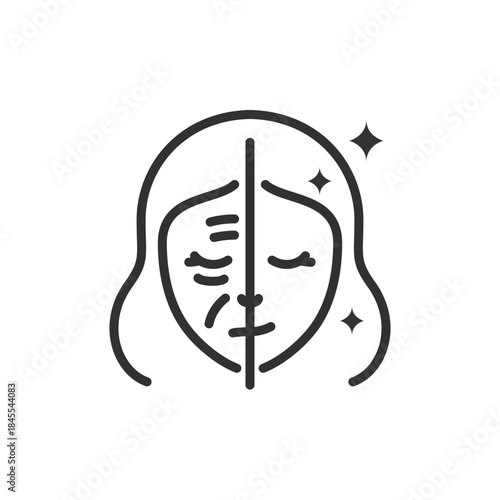 Woman face before and after, linear icon. Skin rejuvenation and wrinkle reduction. Line with editable stroke.