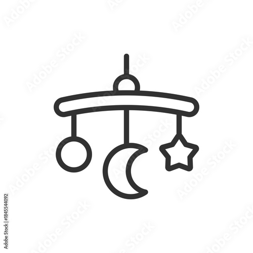 Baby mobile with hanging shapes, linear icon. Infant toy for crib stimulation. Line with editable stroke.