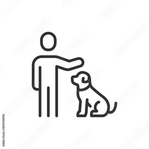 Person petting dog, linear icon. Training interaction and animal companionship. Line with editable stroke.