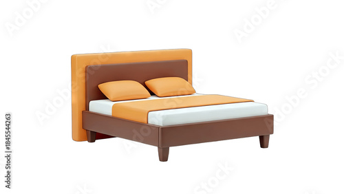 Modern Bed with Pillows and Orange Bedding on White Background