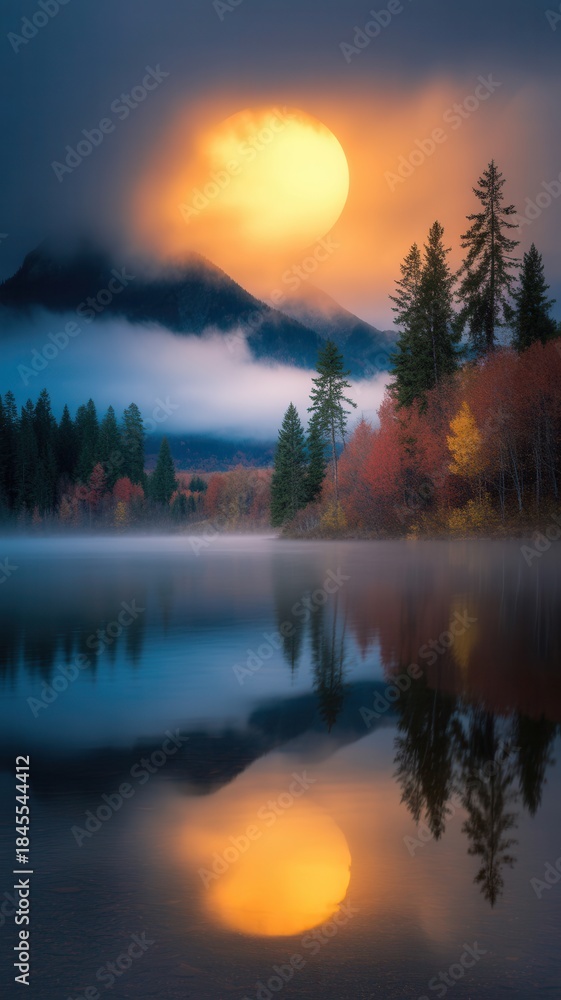 Fototapeta premium Mystical autumn sunrise over serene lake with mountain silhouette and fiery sky reflection
