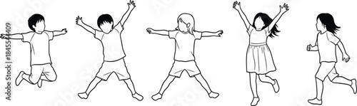 Children playing and jumping in line drawing illustration with joyful expressions and dynamic poses, digital graphic design perspective