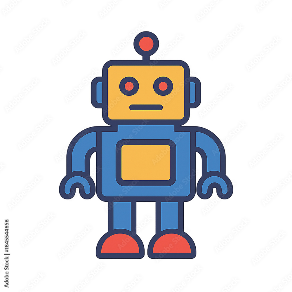 Fototapeta premium Cute robot character with yellow face and blue body standing alone