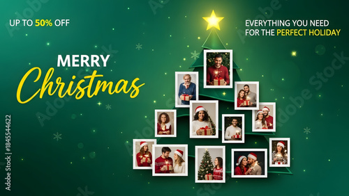 Merry Christmas Tree Made of Family Photos with Festive Greetings 