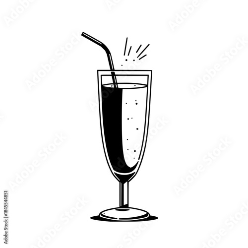 Illustration of a tall glass with a straw and liquid half shaded in black on a white background