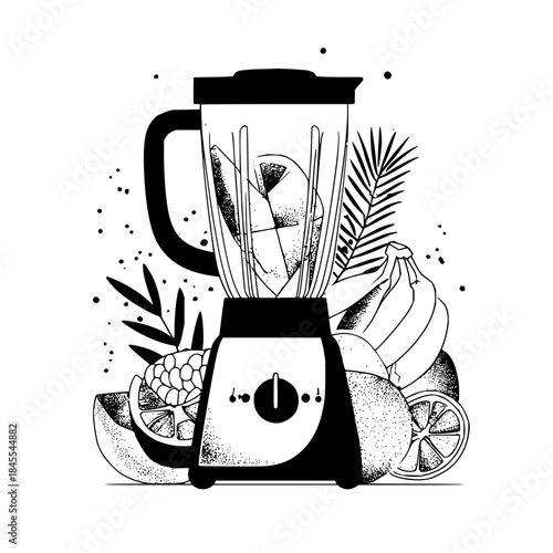 Illustration of a blender with fruits like banana orange and leaves in a black and white theme art