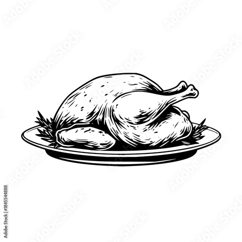 Illustration of a roasted turkey on a plate with garnish in black and white detailed drawing style design