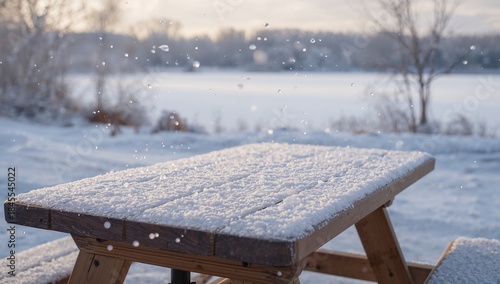 Wallpaper Mural Blanketing wooden picnic table with powdery snow at lakeside, falling snowflakes over frozen lake Torontodigital.ca