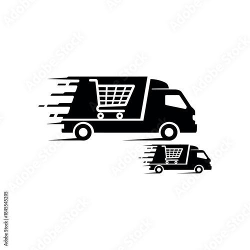 Vector shopping cart and delivery van icons for online business and e-commerce transportation symbols