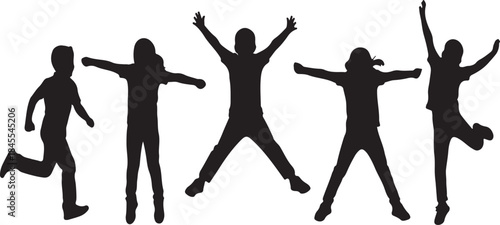 Children Jumping and Playing Silhouettes in Outdoor Setting Graphic Illustration Bright Fun