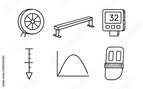 Collection of hand-drawn icons representing sports and measurement tools