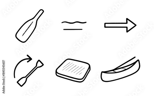 Set of simple line art icons representing canoeing and water activities