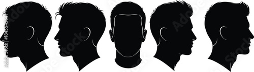 Male head silhouette profile and front view illustration showing hairstyle variations and symmetry for design and anatomy reference, flat vector