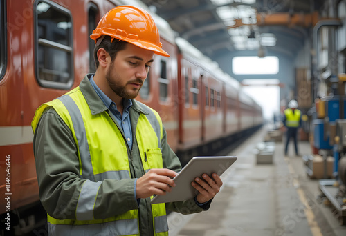 Worker with Tablet in Industrial Train Depot during Daytime