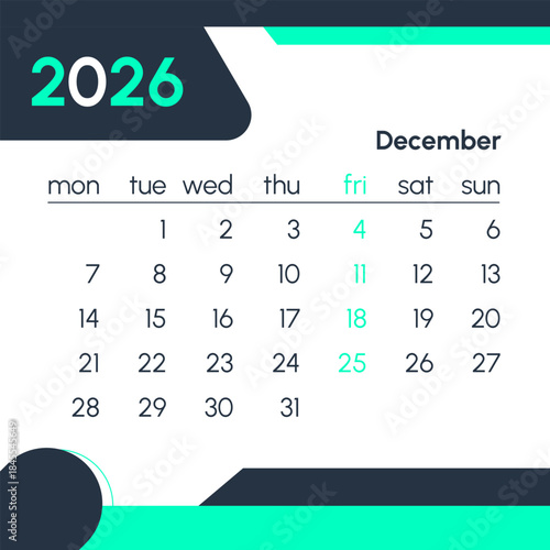 December 2026 calendar with highlighted dates