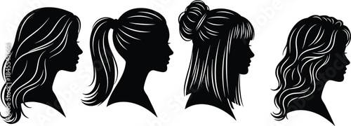 Female hairstyle silhouette side profile illustration showing diverse hair designs for fashion, beauty, salon, and style reference, flat vector