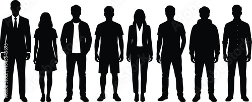 Group of men and women silhouettes vector illustration, casual and business people standing together, human diversity concept, modern lifestyle characters isolated on white background