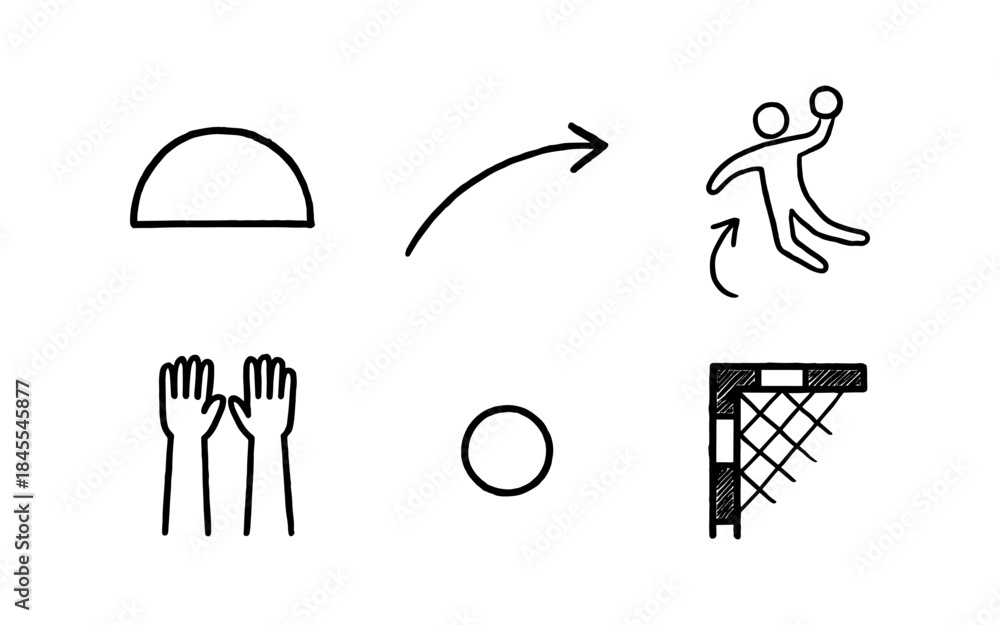 Fototapeta premium Handball game icons showing player, ball, goal, and hands in a simple sketch style