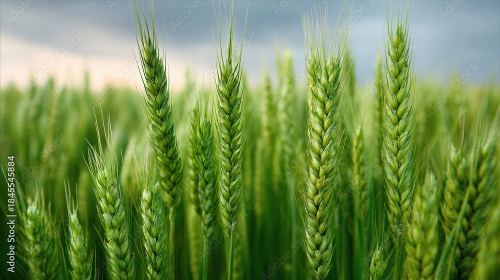 Fototapeta premium Fresh Spring Wheat Field With Green Stems Under a Warm Sky During Late Afternoon Hours of the Growing Season in Rural Landscape