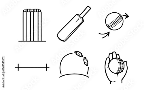 Cricket equipment and actions illustrated with simple line art icons