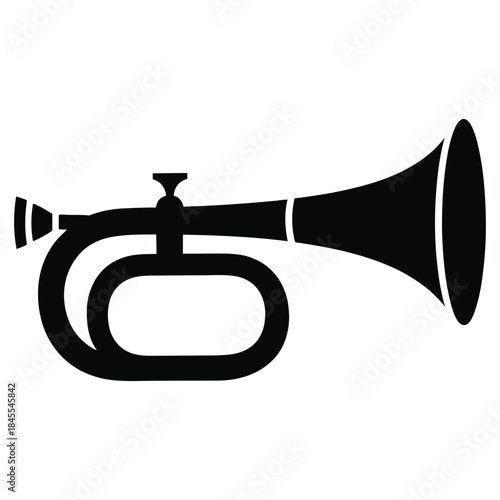 Classic bugle horn, a brass wind musical instrument known for its distinctive sound and historical use in military and ceremonial events, presented as a black silhouette