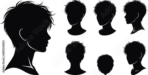 Modern short hairstyle head silhouettes vector illustration, male profile and front views from multiple angles, trendy youth haircut design icons isolated on white background