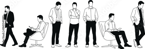 Set of elegant male figures in various everyday poses, perfect for contemporary architectural visuals and graphic compositions