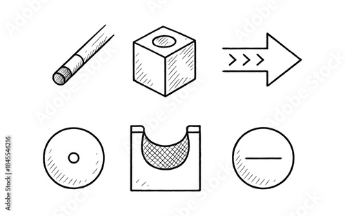 Hand-drawn icons representing billiard cue, chalk, arrow, ball, rack, and minus symbol
