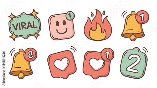 Set of social media notification icons including viral like and bell alerts in a cute doodle style for engagement and communication concepts